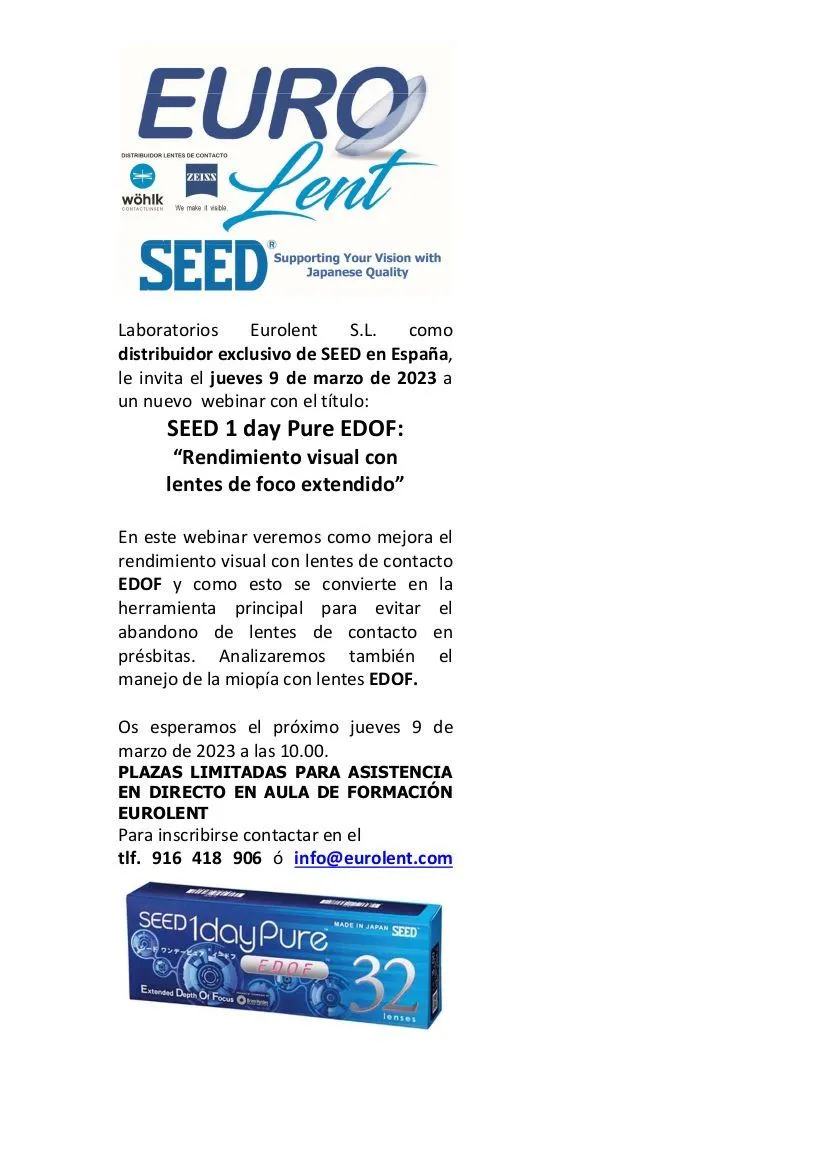 Convocatoria del webinar SEED 1 Day Pure EDOF de Eurolent